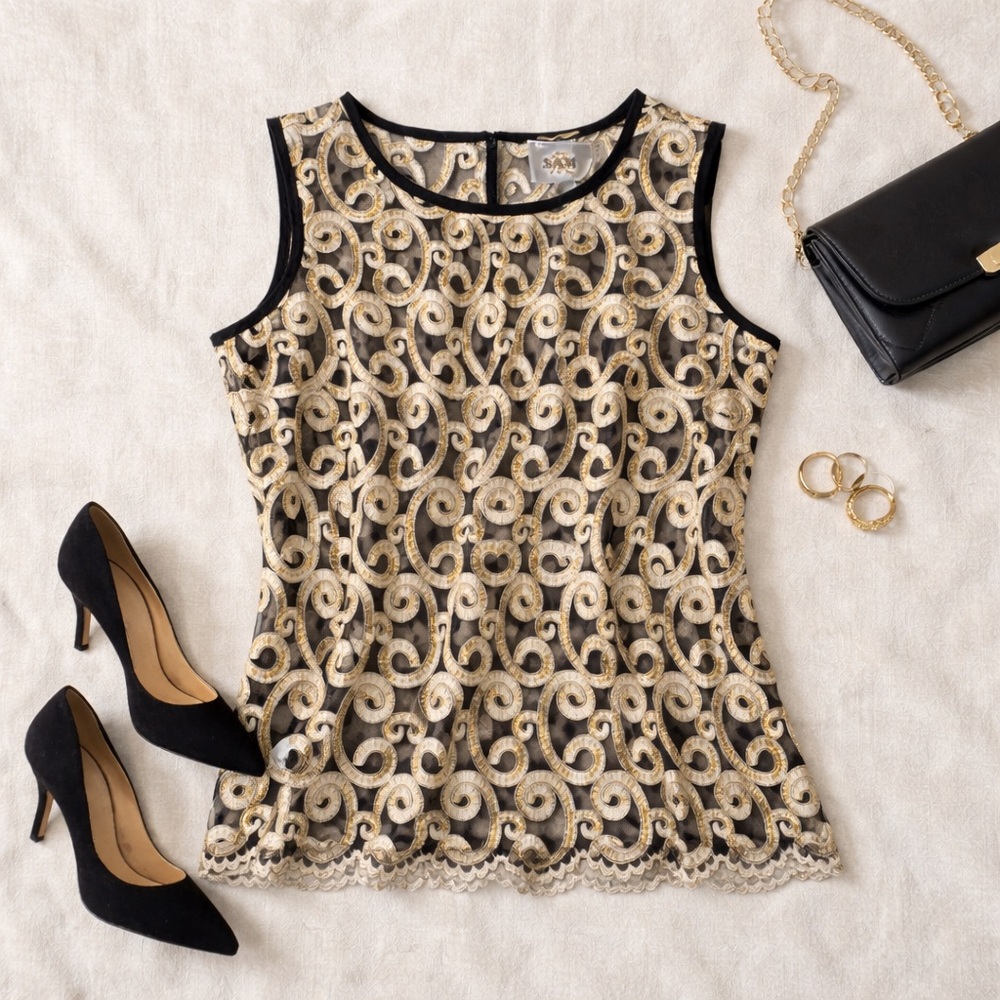 Black & Gold Baroque Lace Top | Holiday Glam Quiet Luxury Vibes